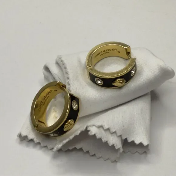 Kurt Geiger London Gold & Black Hoop Earrings with Crystal Accents - Picture 2 of 6